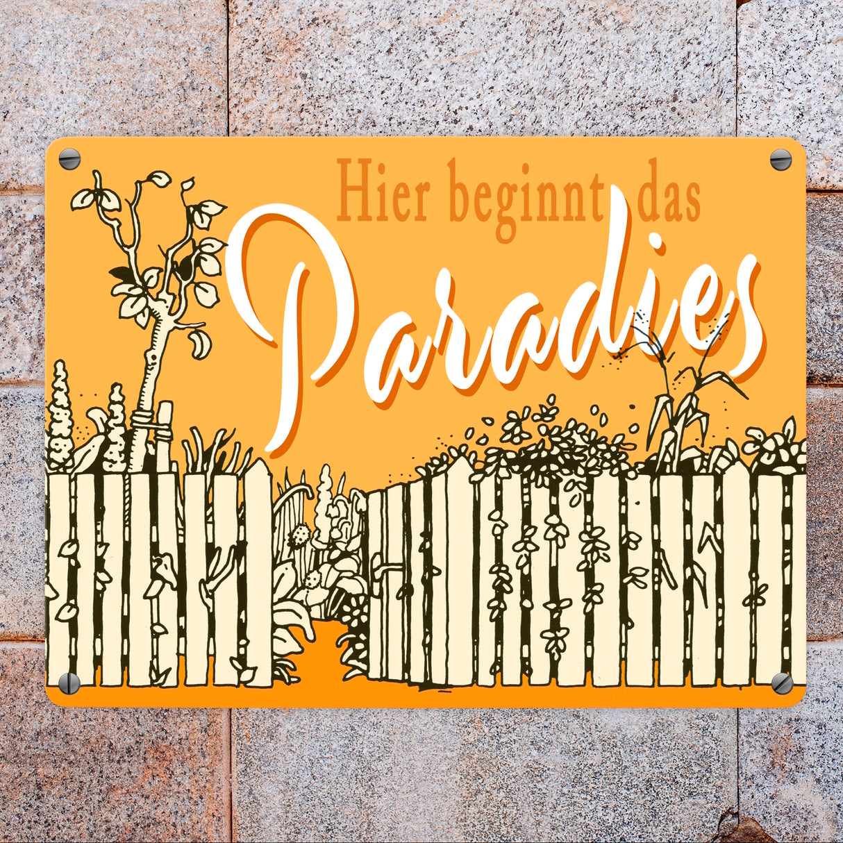 Gartenparadies Metallschild orange zum Thema Urlaub im Garten