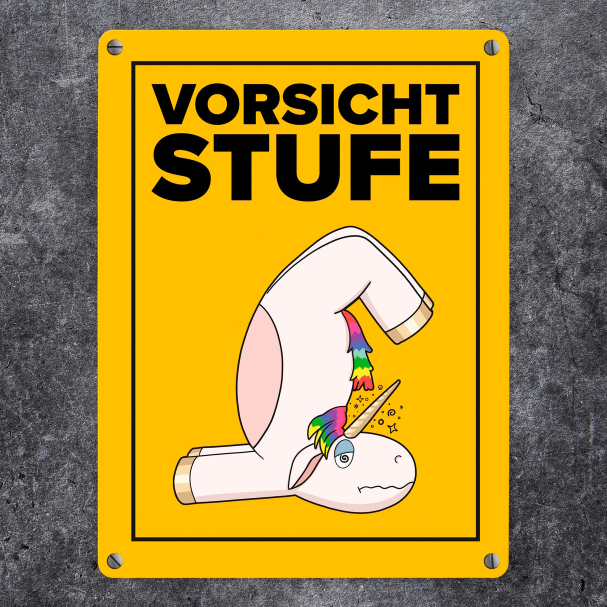 Vorsicht Stufe Metallschild in 15x20 cm mit lustigem Einhorn