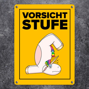 Vorsicht Stufe Metallschild in 15x20 cm mit lustigem Einhorn