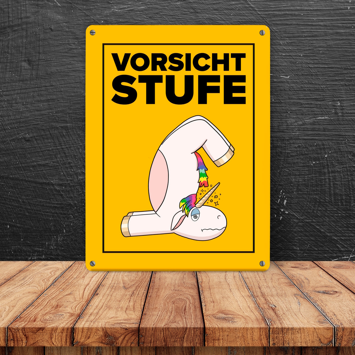 Vorsicht Stufe Metallschild in 15x20 cm mit lustigem Einhorn
