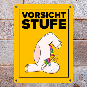 Vorsicht Stufe Metallschild in 15x20 cm mit lustigem Einhorn
