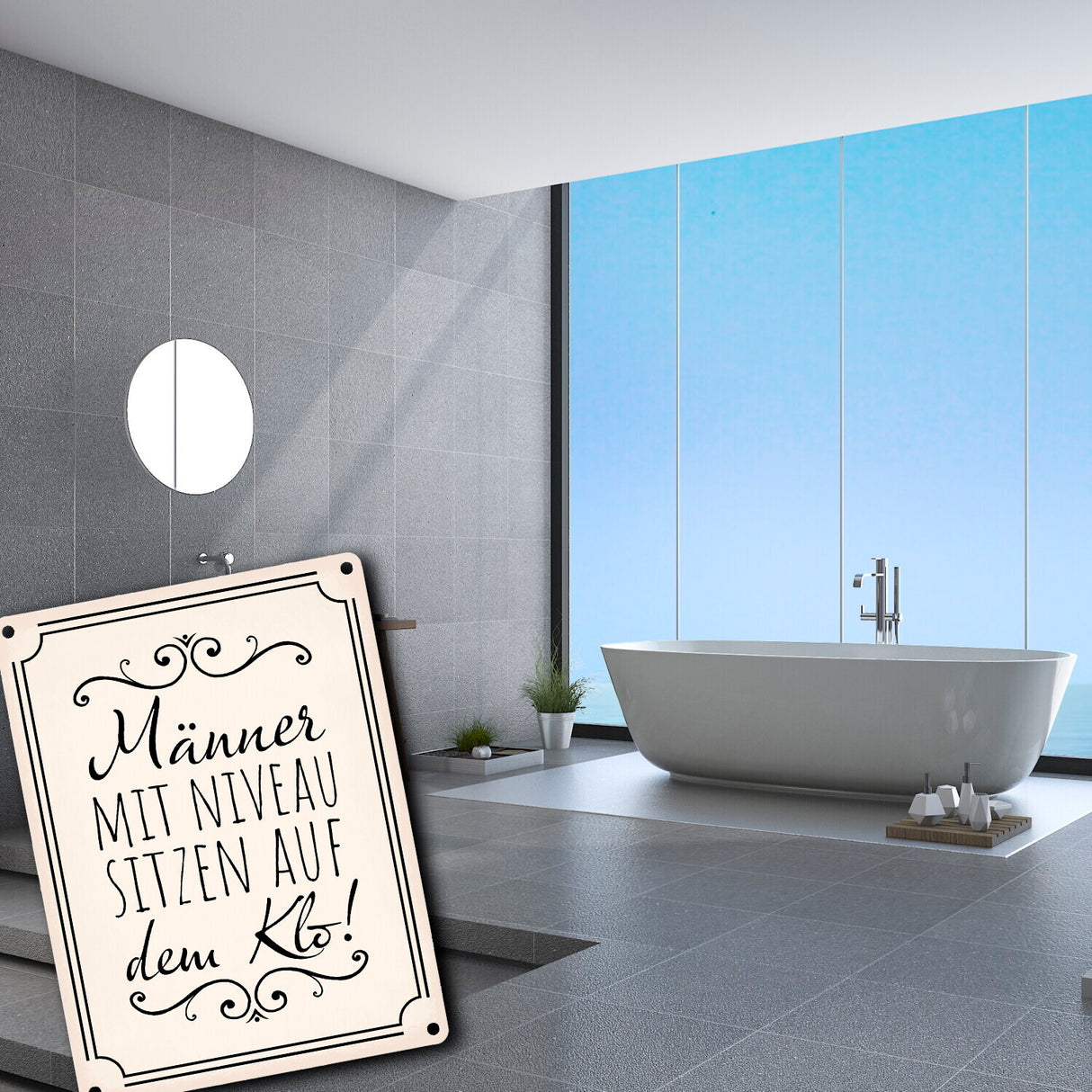 Männer mit Niveau sitzen auf dem Klo Metallschild in beige für die Toilette