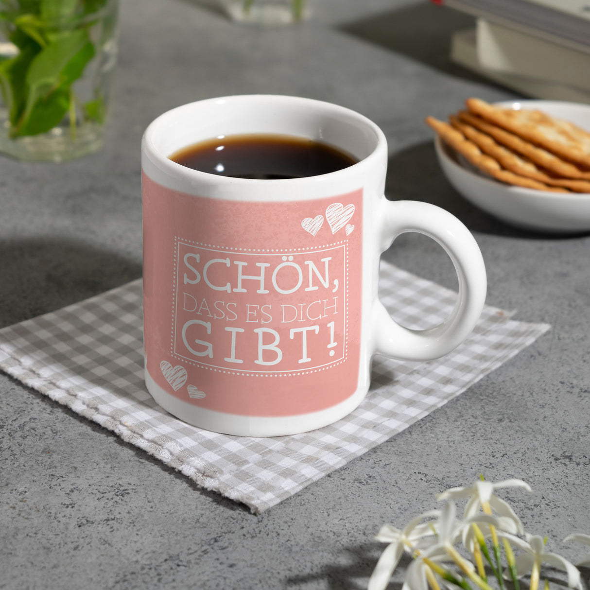 Schön, dass es dich gibt Kaffeebecher in pink mit Herzchen