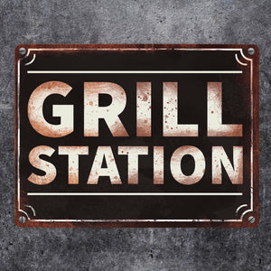 Grillstation Metallschild in Rostoptik