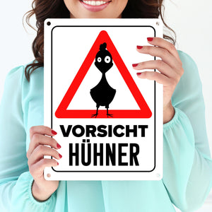 Vorsicht Hühner Metallschild mit Huhn Silhouette