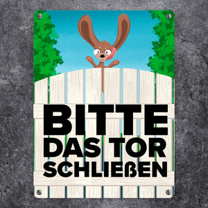 Bitte das Tor schließen Metallschild mit lustigem braunem Hund