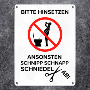 Bitte hinsetzen, ansonsten… Toilette Metallschild mit Biertrinker