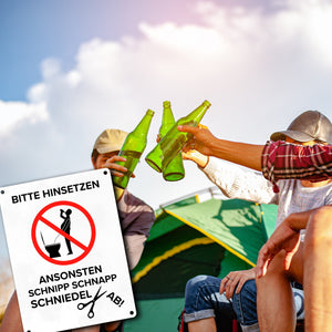 Bitte hinsetzen, ansonsten… Toilette Metallschild mit Biertrinker