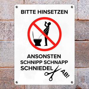 Bitte hinsetzen, ansonsten… Toilette Metallschild mit Biertrinker