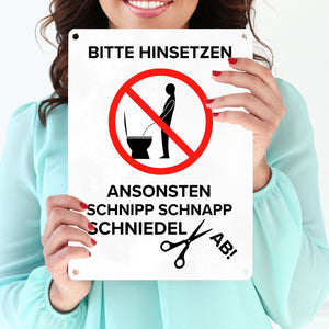 Bitte hinsetzen, ansonsten… Toilette Metallschild mit Icon