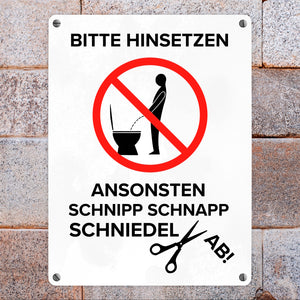 Bitte hinsetzen, ansonsten… Toilette Metallschild mit Icon