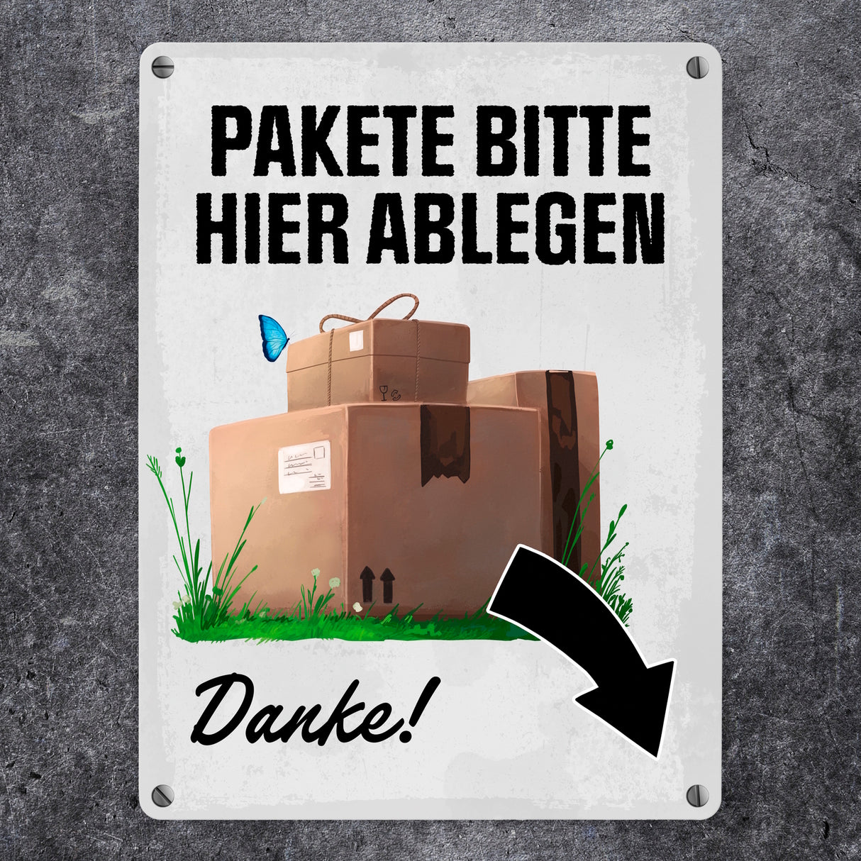 Pakete bitte hier ablegen, Danke! Metallschild - Pfeil rechts