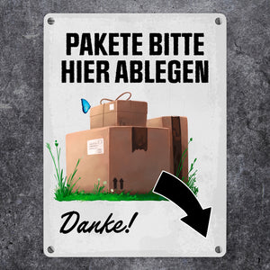 Pakete bitte hier ablegen, Danke! Metallschild - Pfeil rechts