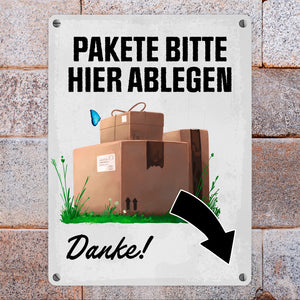 Pakete bitte hier ablegen, Danke! Metallschild - Pfeil rechts