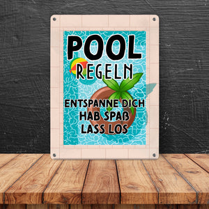 Poolregeln für Poolbesitzer Metallschild mit Schwimmring