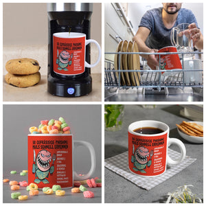 Kaffeebecher zum Thema Phishing Mails erkennen mit Fisch Motiv