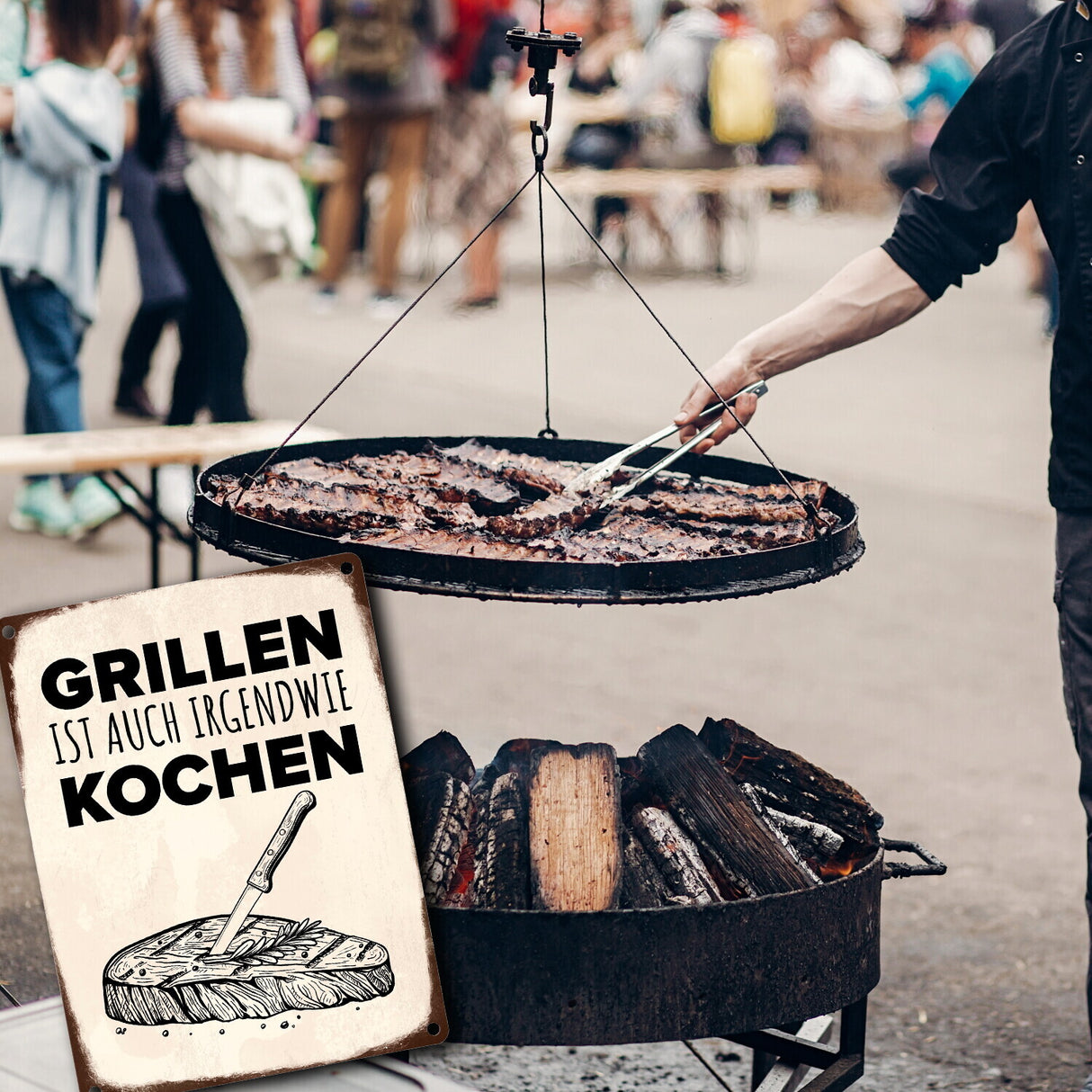 Grillen ist auch irgendwie kochen Metallschild mit Steak Motiv