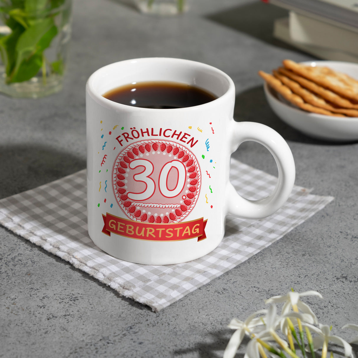 Kaffeebecher für den 30. Geburtstag mit Motiv: Fröhlichen Geburtstag