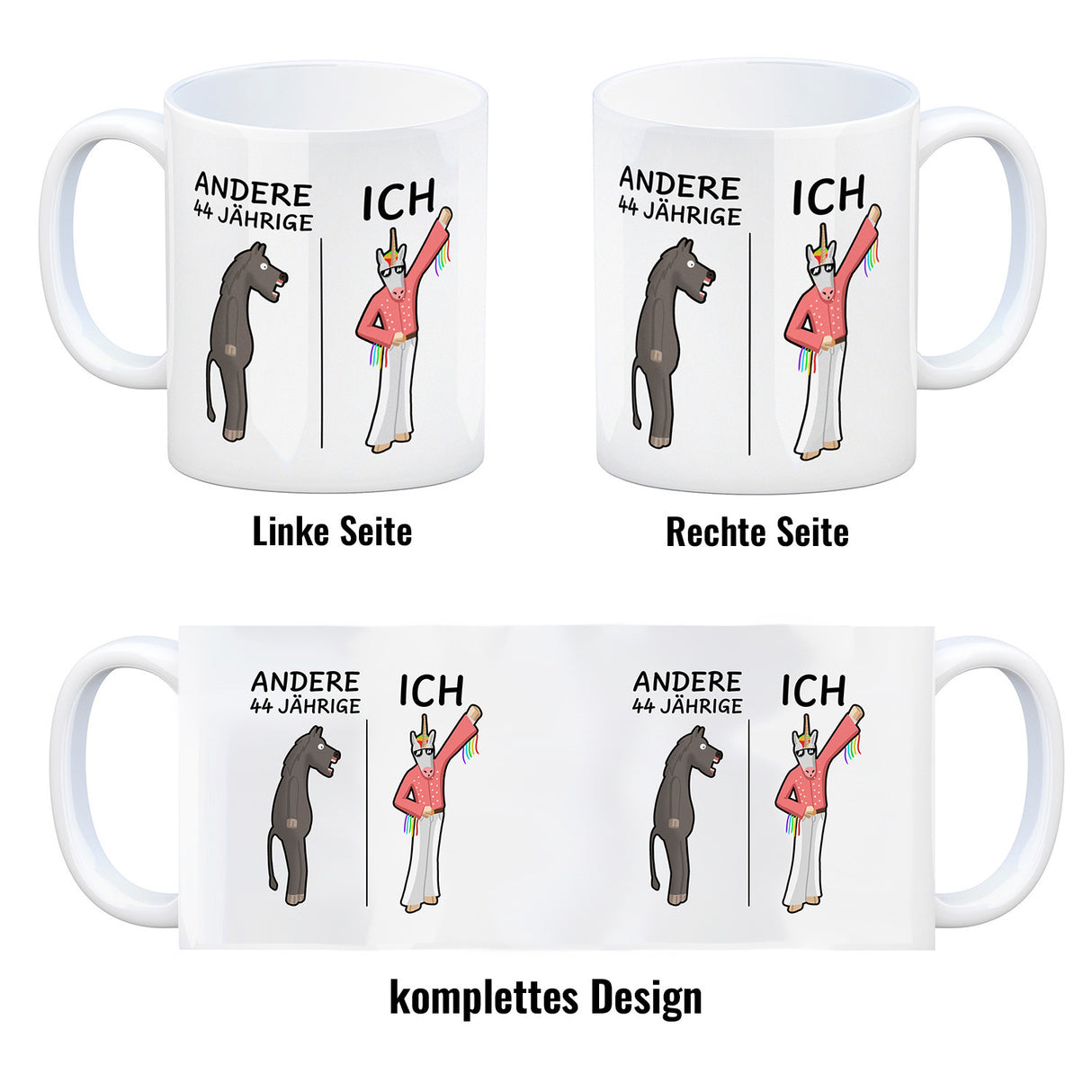 Witziger Kaffeebecher für den 44. Geburtstag mit Motiv: Andere und ich