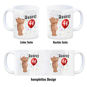 Witziger Kaffeebecher für den 44. Geburtstag mit Motiv: Hooray