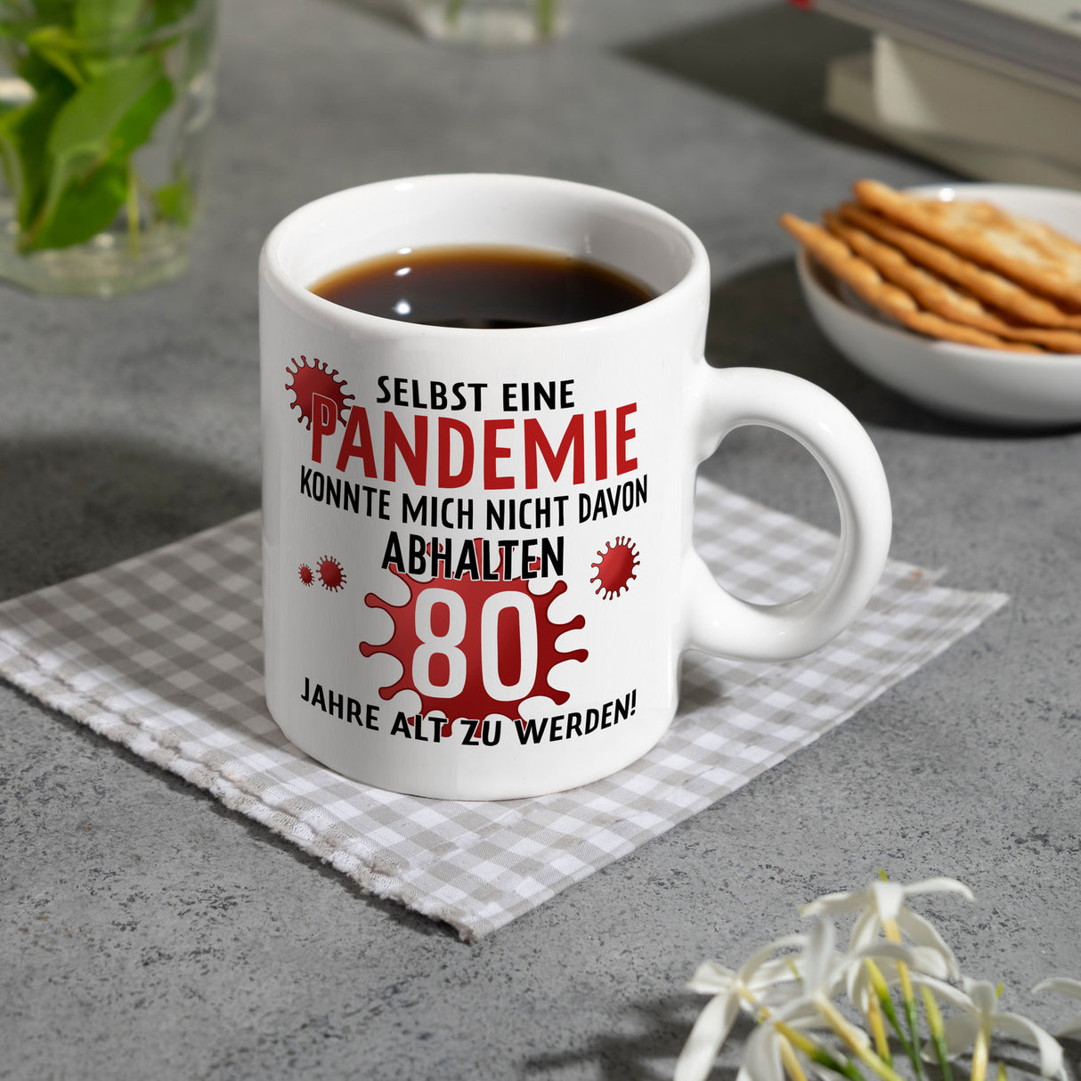 Witziger Kaffeebecher für den 80. Geburtstag mit Motiv: Pandemie