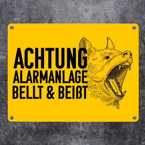 Achtung Alarmanlage bellt und beißt Metallschild mit Hunde Motiv