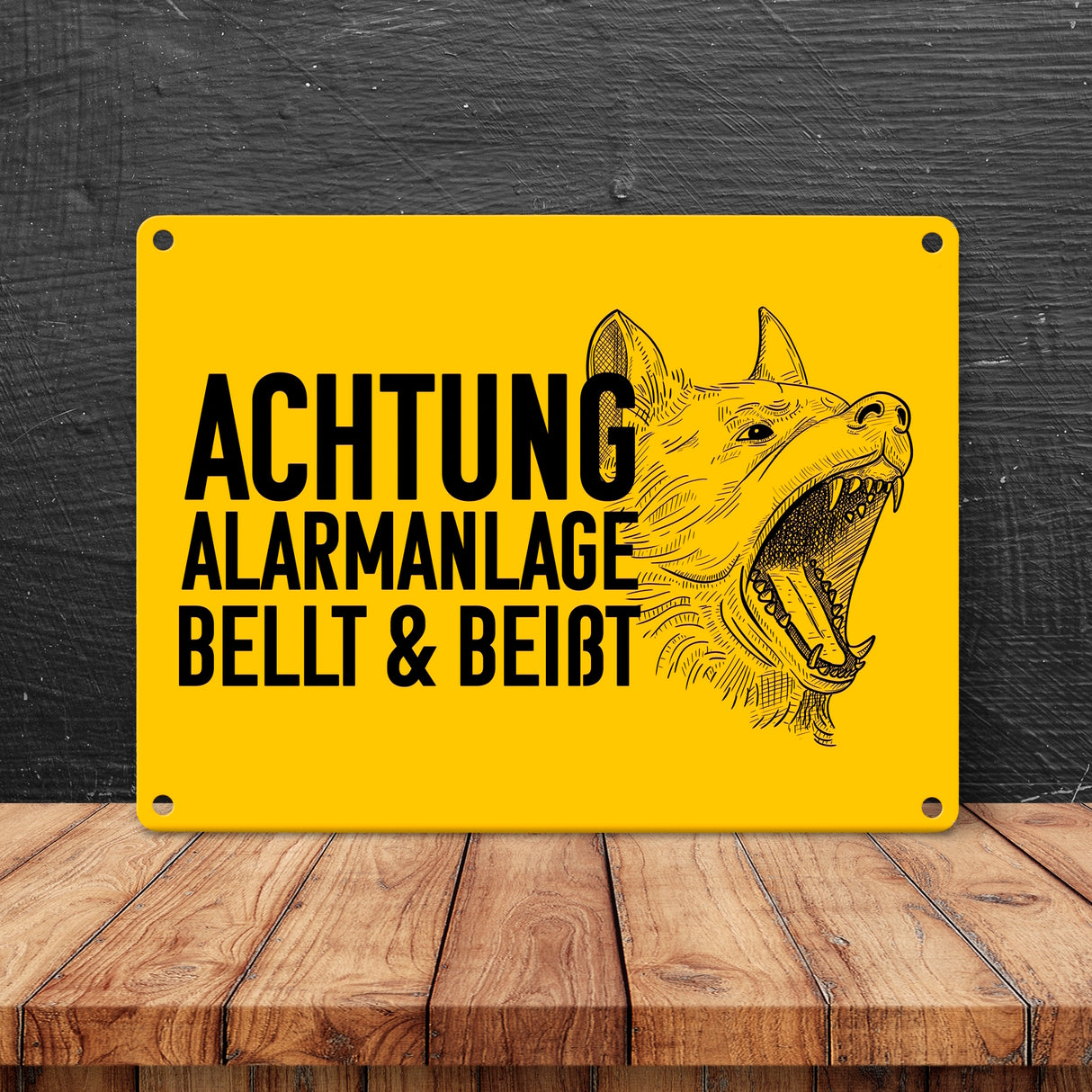 Achtung Alarmanlage bellt und beißt Metallschild mit Hunde Motiv