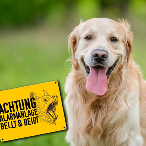 Achtung Alarmanlage bellt und beißt Metallschild mit Hunde Motiv
