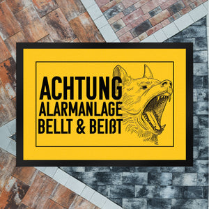 Achtung Alarmanlage bellt und beißt Fußmatte mit Hunde Motiv