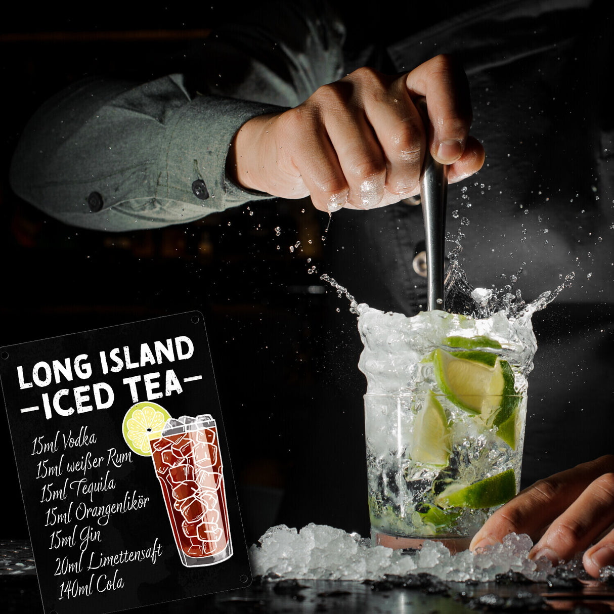 Metallschild mit Cocktailrezept für Long Island Iced Tea