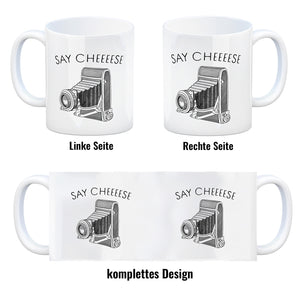 Say cheeeese Kaffeebecher für Fotografen mit Retro Kamera Motiv