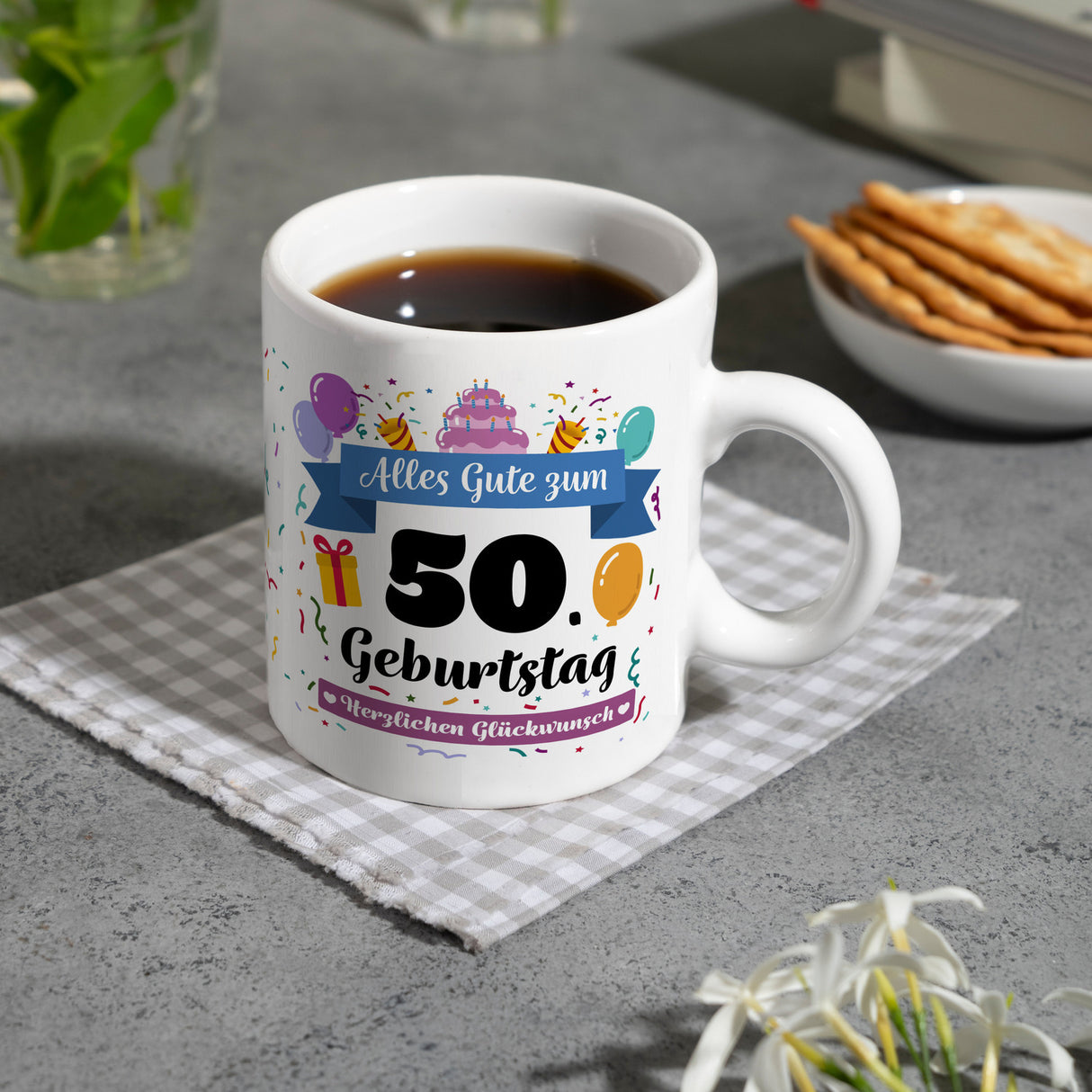 50. Geburtstag Kaffeebecher mit lustigem Spruch: Alles Gute