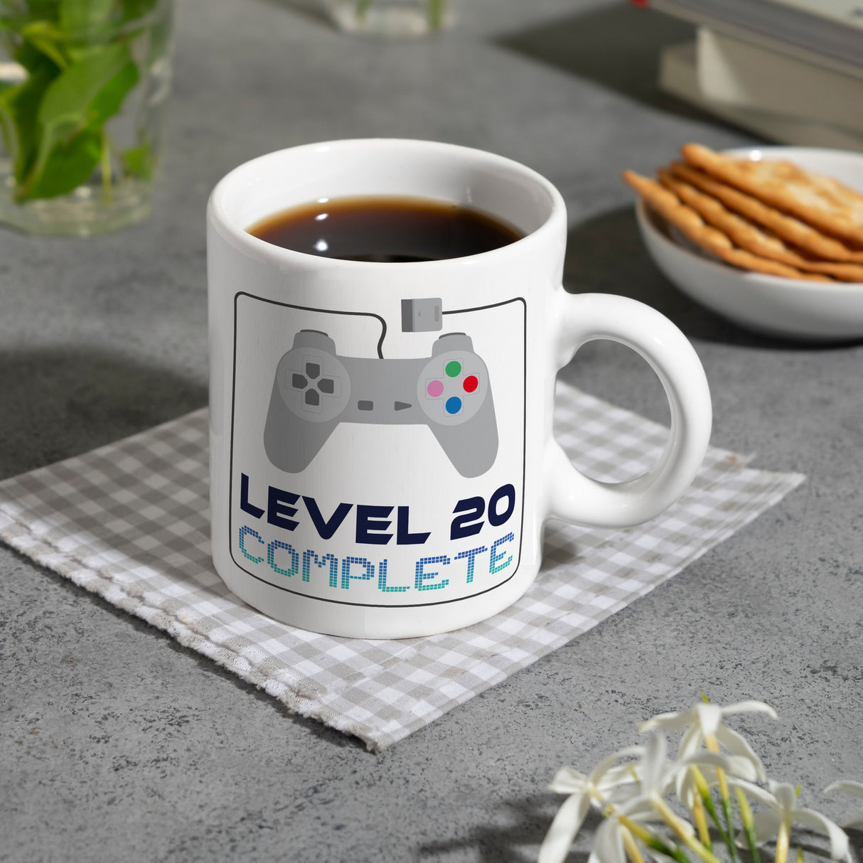 20. Geburtstag Kaffeebecher mit lustigem Spruch: Level 20
