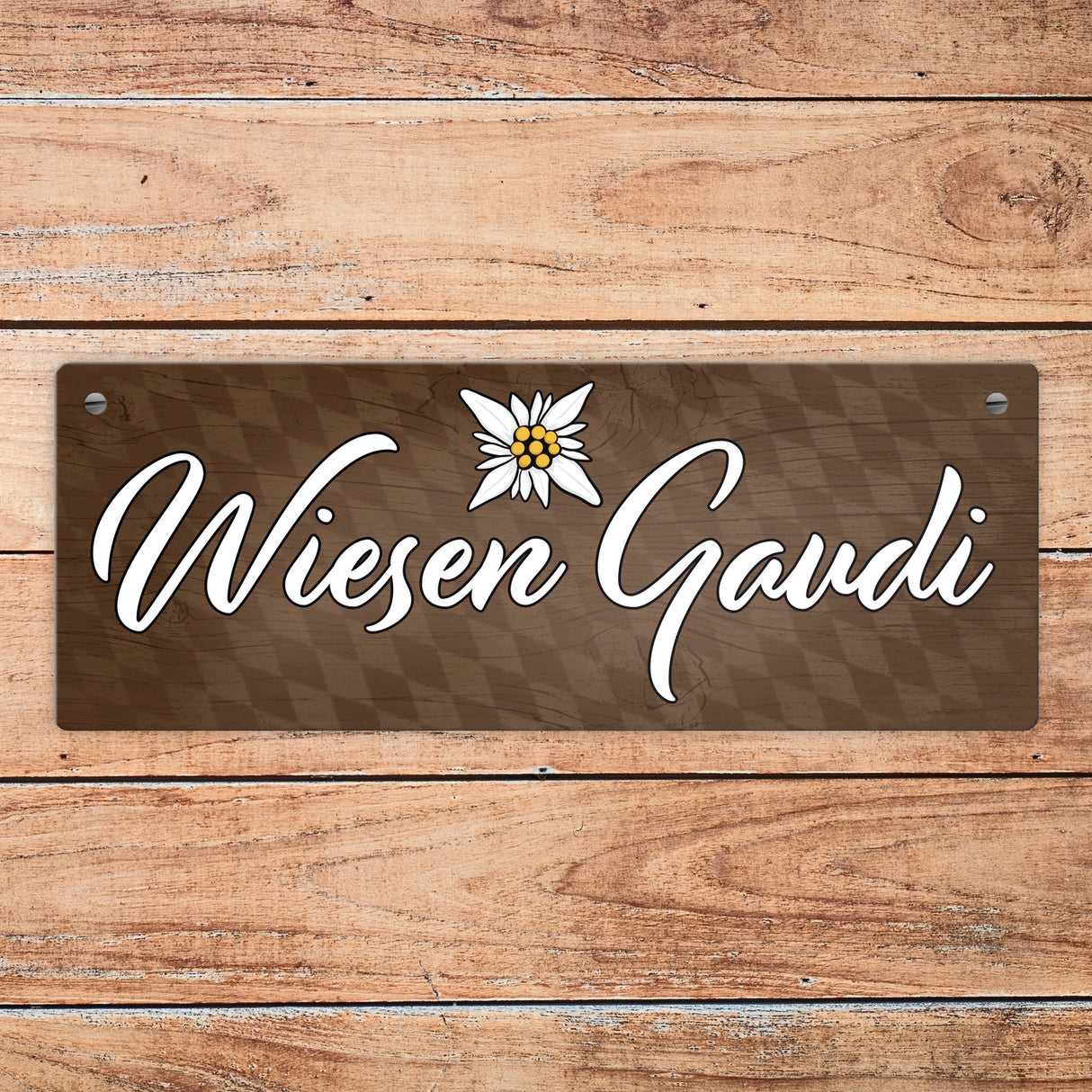 Wiesen Gaudi Edelweiß Metallschild in Holzoptik