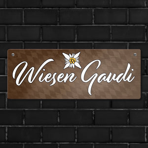 Wiesen Gaudi Edelweiß Metallschild in Holzoptik