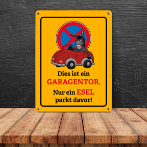 Dies ist ein Garagentor - nur ein Esel parkt davor Metallschild