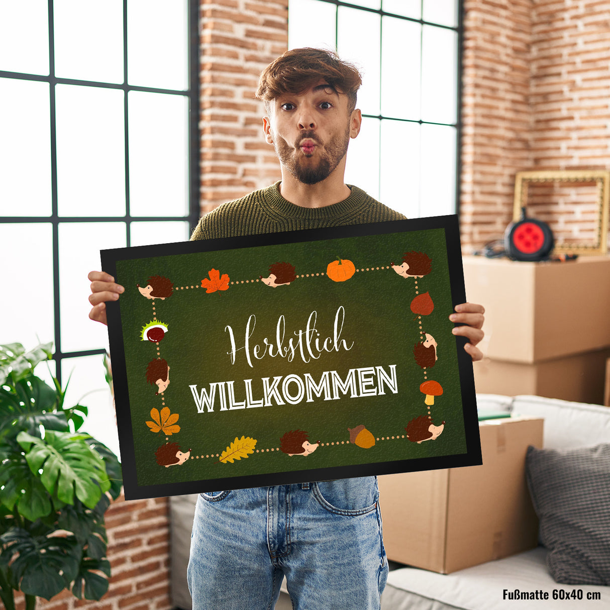 Herbstlich Willkommen Fußmatte mit süßen Igeln