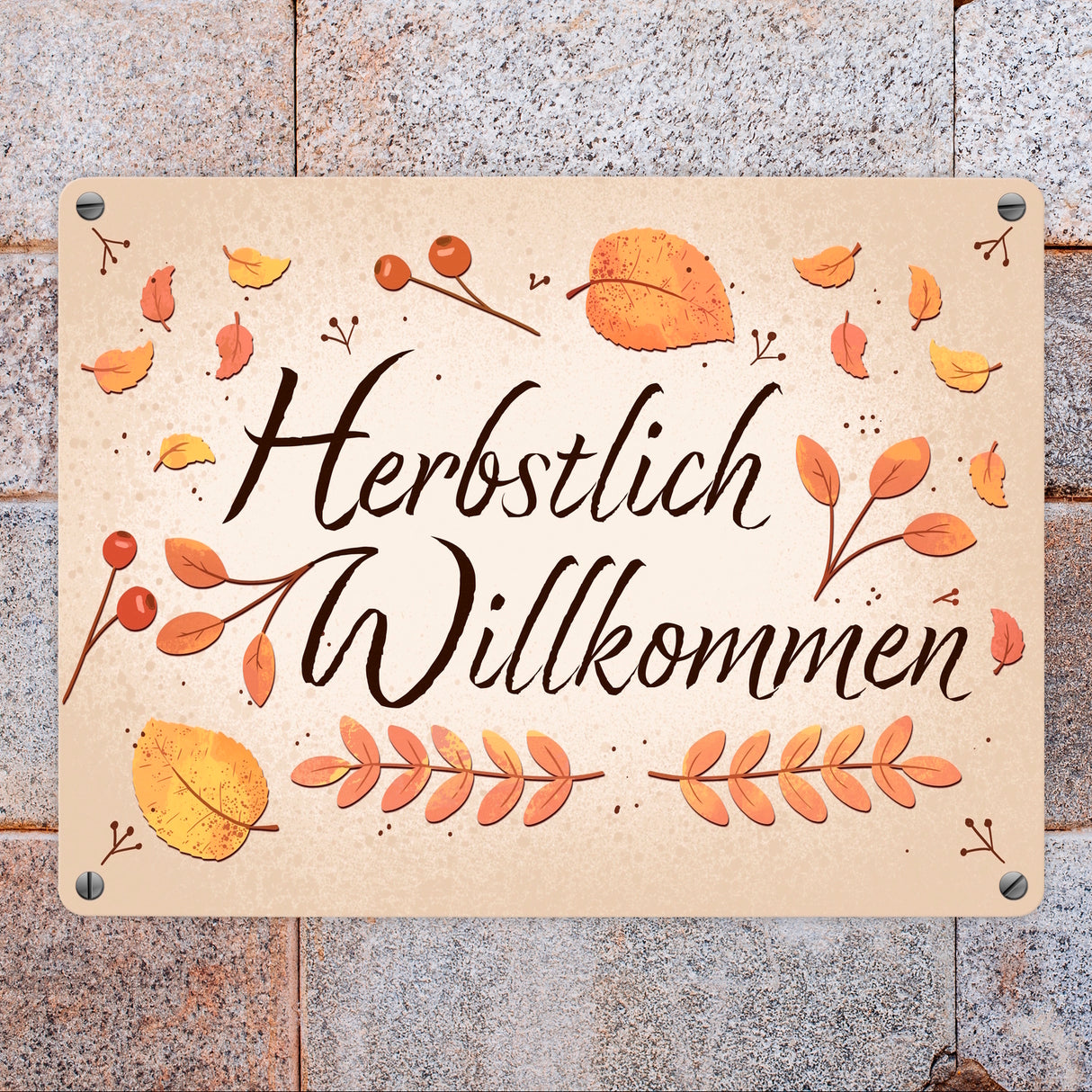 Herbstlich Willkommen Metallschild mit bunten Blättern