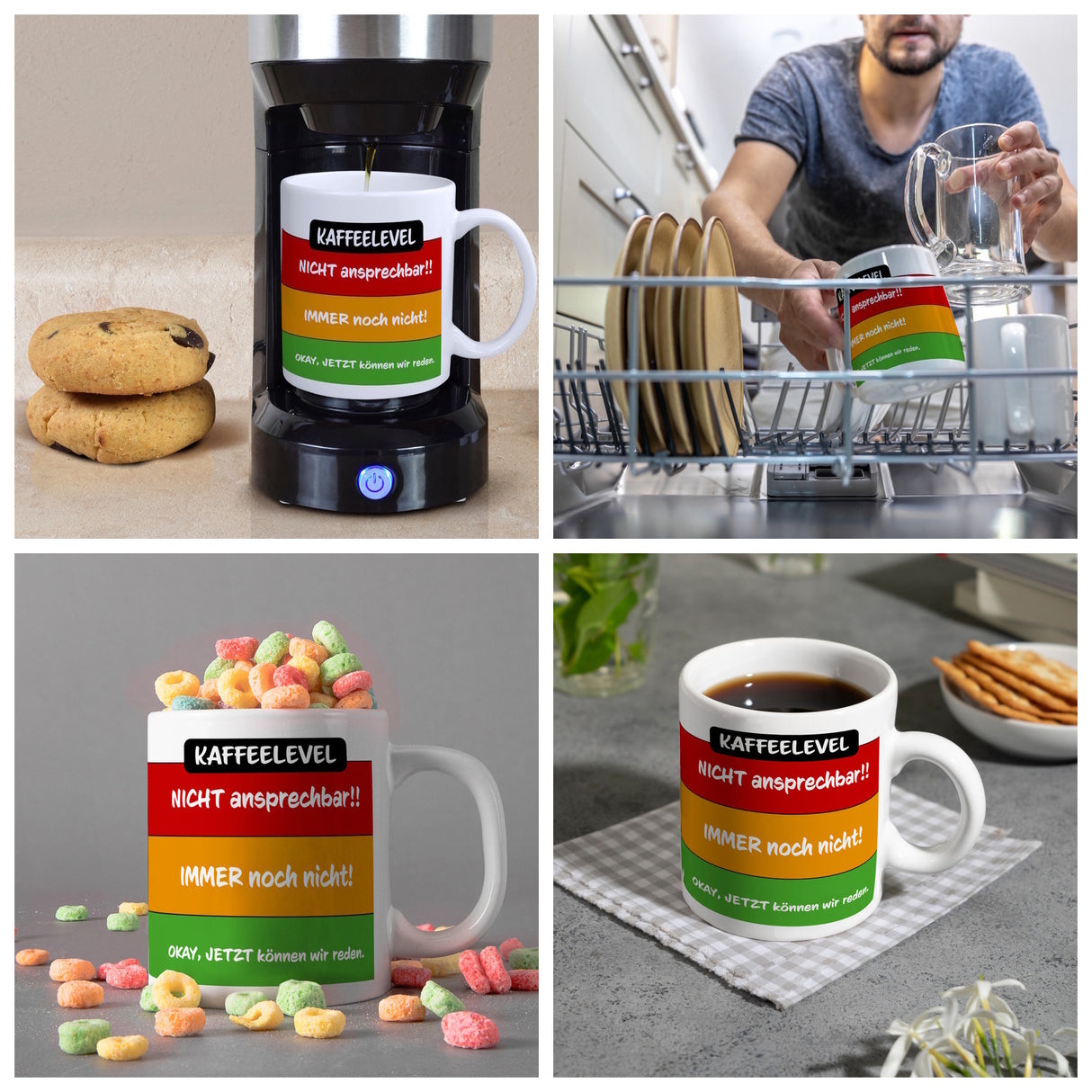 Kaffeelevel nicht ansprechbar Kaffeebecher mit verschiedenen Gemütslagen