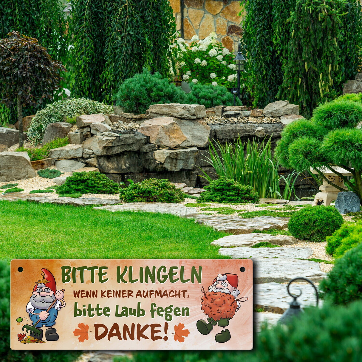 Bitte klingeln - wenn keiner aufmacht, Laub fegen Gartenzwerg Metallschild