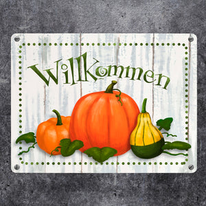 Willkommen Metallschild mit herbstlichen Kürbissen