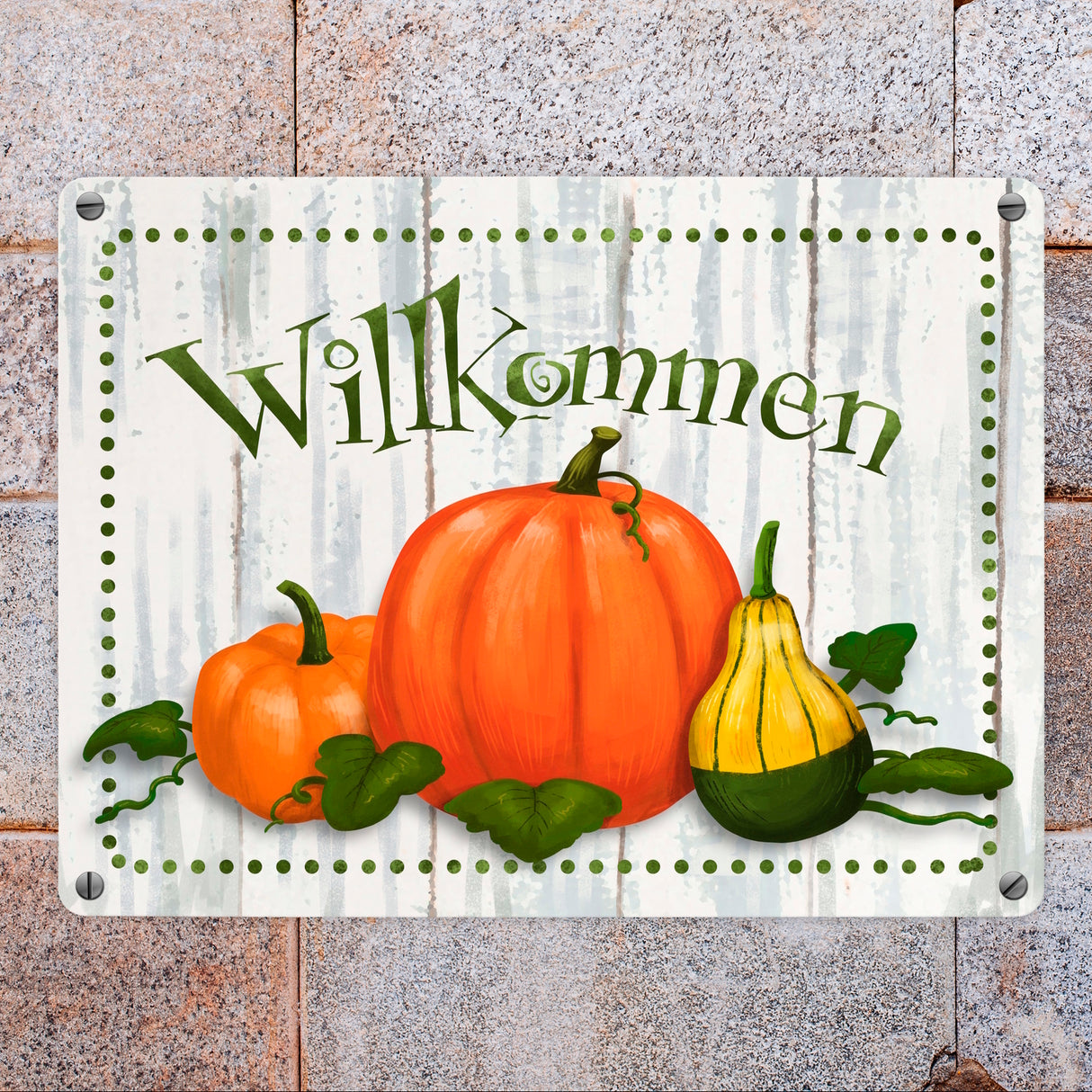 Willkommen Metallschild mit herbstlichen Kürbissen