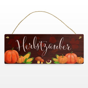 Herbstzauber Metallschild mit Pilzen und Kürbissen