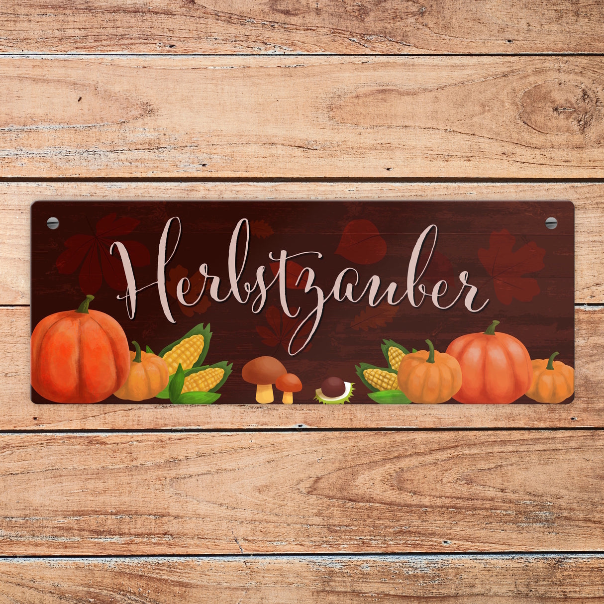 Herbstzauber Metallschild mit Pilzen und Kürbissen
