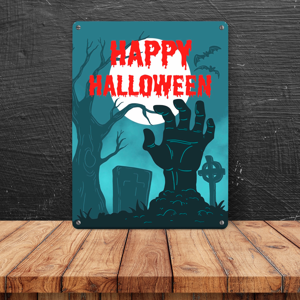 Happy Halloween Friedhof Metallschild mit Zombiehand