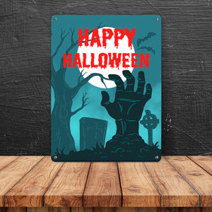 Happy Halloween Friedhof Metallschild mit Zombiehand
