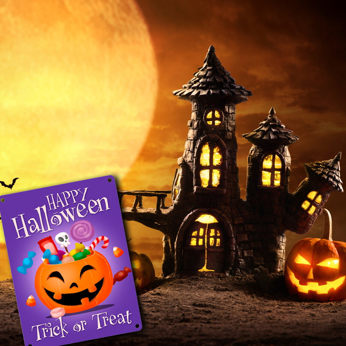 Happy Halloween Trick or Treat Metallschild in lila mit süßem Kürbis