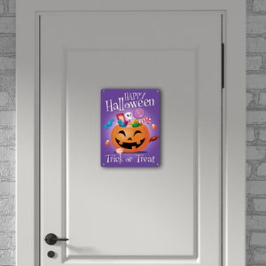Happy Halloween Trick or Treat Metallschild in lila mit süßem Kürbis