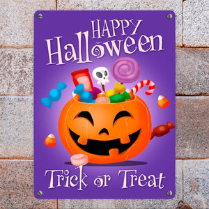Happy Halloween Trick or Treat Metallschild in lila mit süßem Kürbis