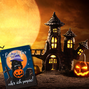 Leckerlis her oder ich pupse Halloween Metallschild mit schwarzem Hund